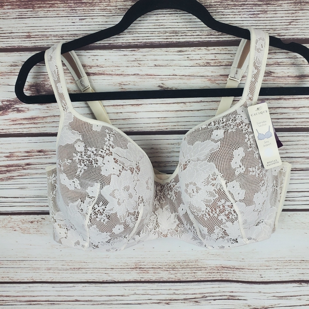 NWT Cacique 42D Black/Cream Bold Lace Balconette Lightly Lined Underwire Bra